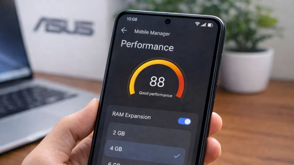 ASUS phone performance screen showing RAM Expansion enabled for better multitasking
