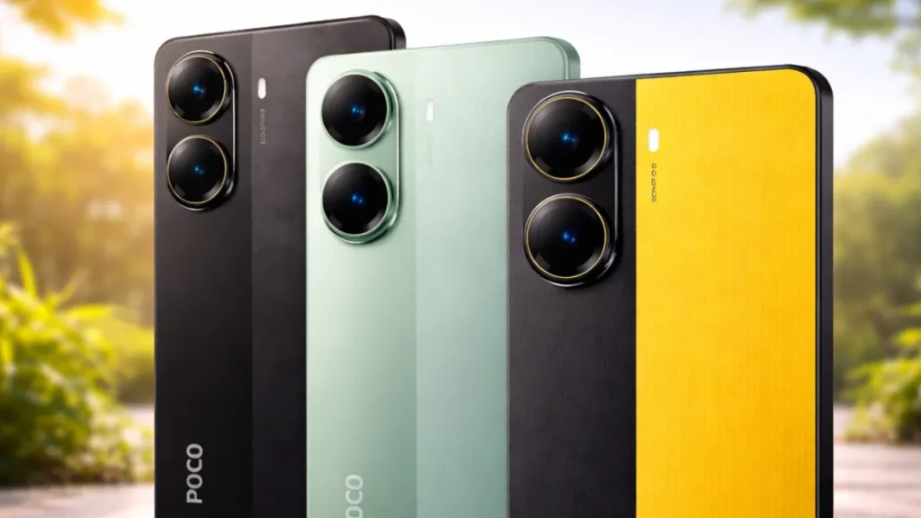 POCO smartphone design showcased on a bed with multiple color variants and dual rear cameras