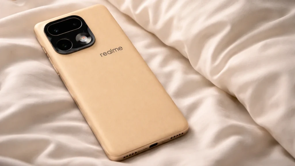 Realme 16 Pro Series 5G smartphone in gold color on beige bedding, showcasing rear design and camera module