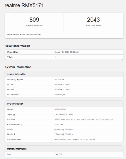 Realme 16 Pro Spotted on GeekBench