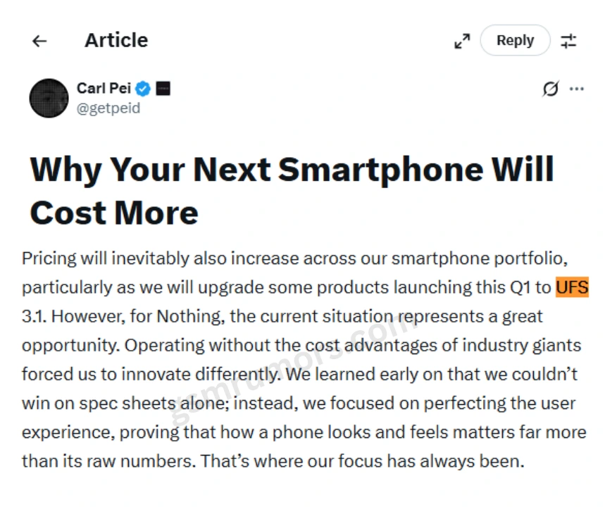A screenshot from Carl Pei hinted that the Nothing Phone 4a will come with UFS 3.1