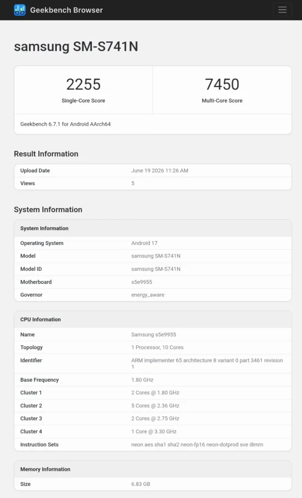 Samsung Galaxy S26 FE Benchmark Detail by SammyGugu