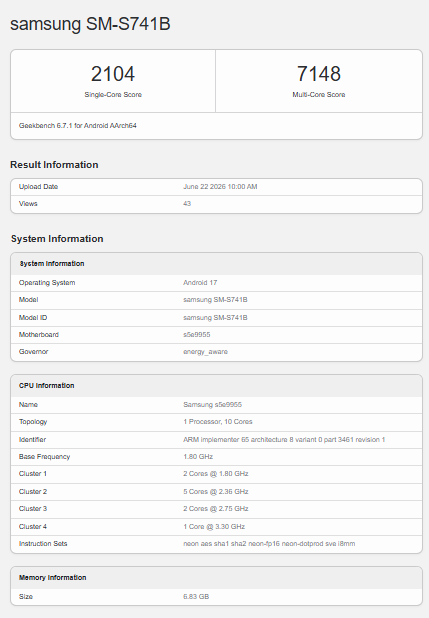 Samsung Galaxy S26 FE GeekBench Listing Screenshot