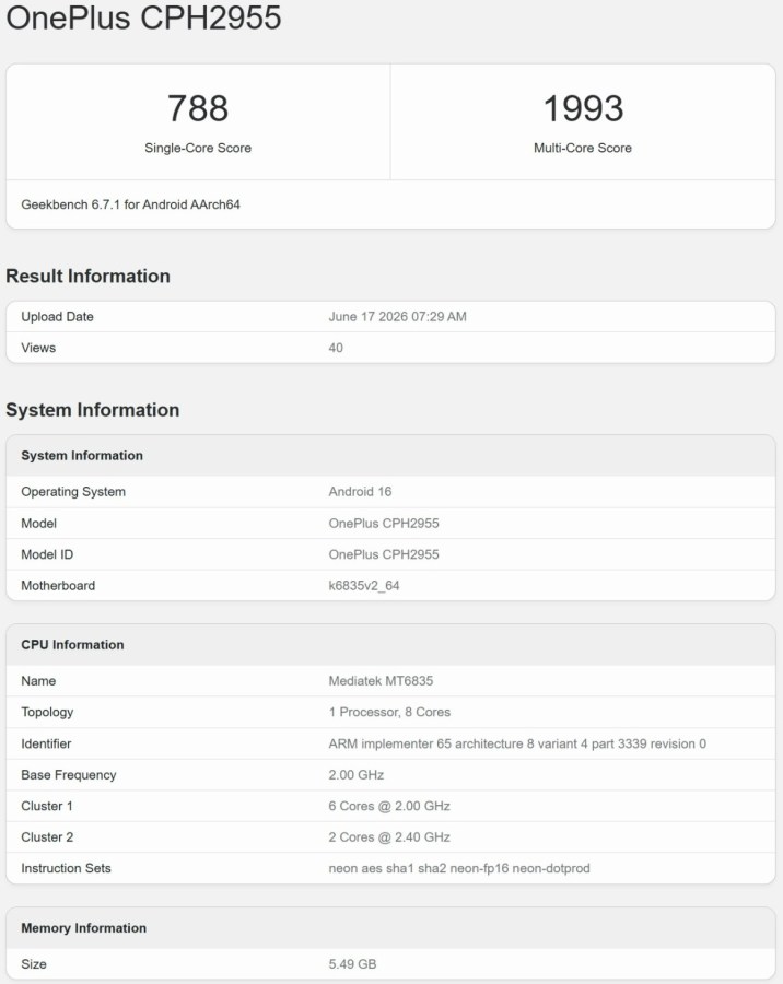 OnePlus N6 GeekBench by GSMArena