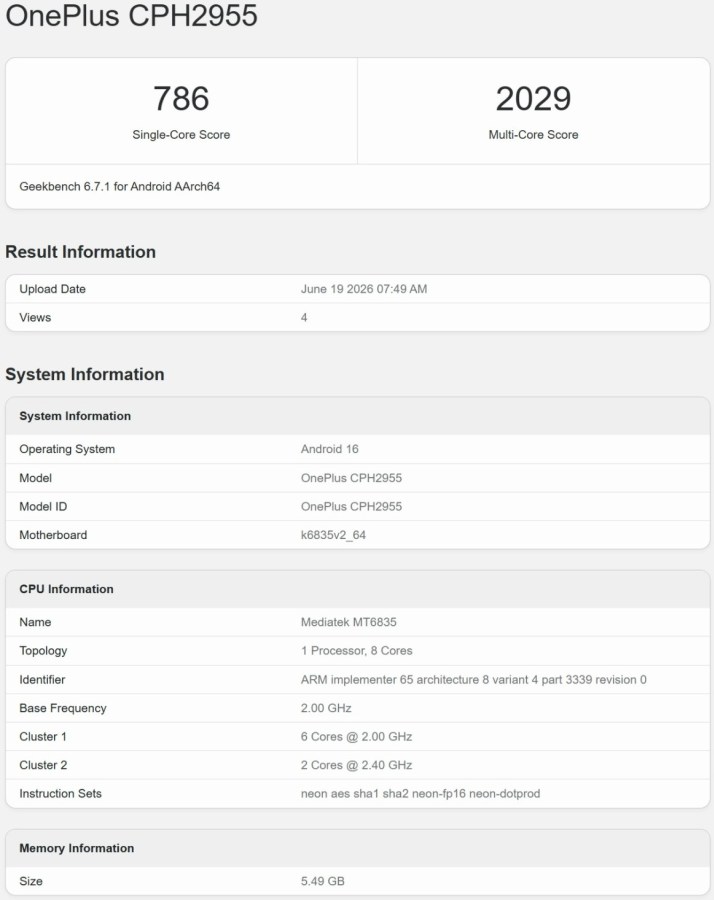 OnePlus N6 GeekBench by GSMArena