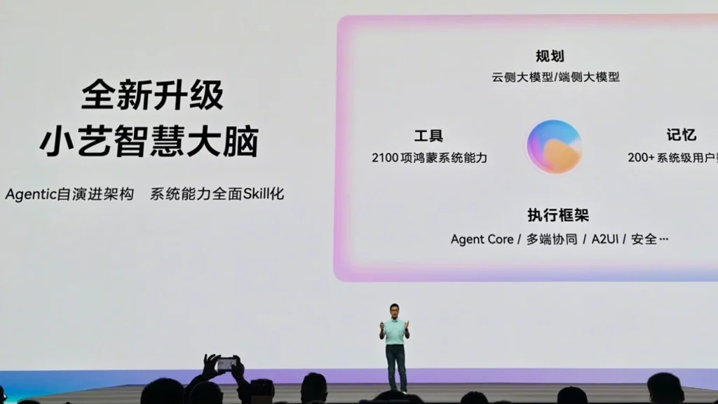 Huawei presents HarmonyOS 7 Xiaoyi Smart Brain at HDC 2026, demonstrating AI-assisted travel planning with maps, scheduling, and alarm integrations.